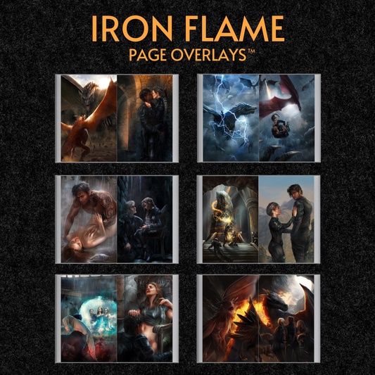 Iron Flame page overlays set shown fanned out on hardback book