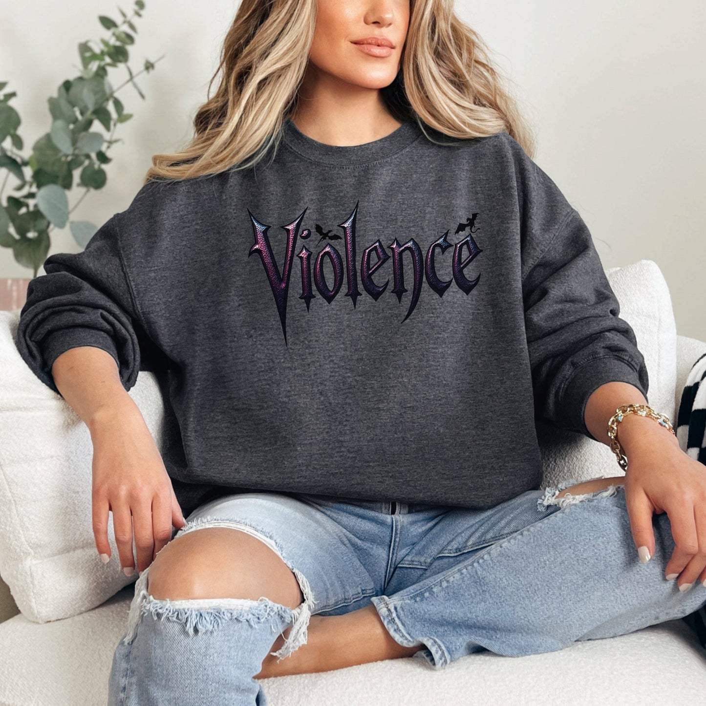 "Violence" Graphic Sweatshirt: Forest Green / S