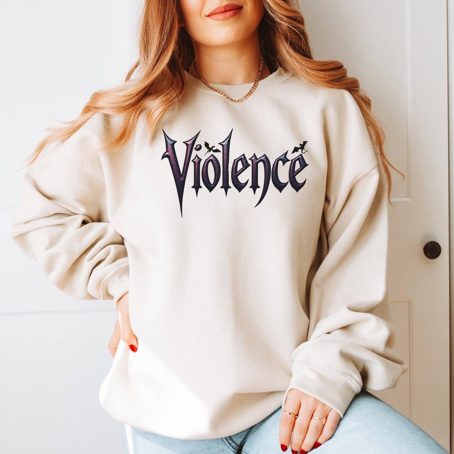 "Violence" Graphic Sweatshirt: Forest Green / S
